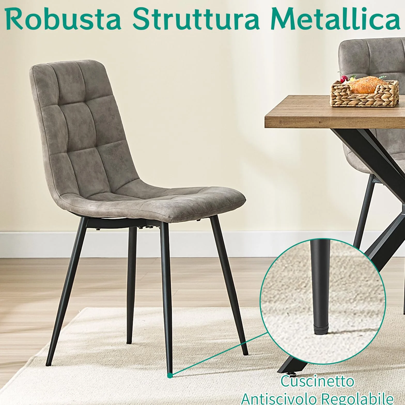 JIJIAN Set di 6 Sedie Sala da Pranzo in Tessuto Tecnologico, Gambe in Metallo Nero, Cachi