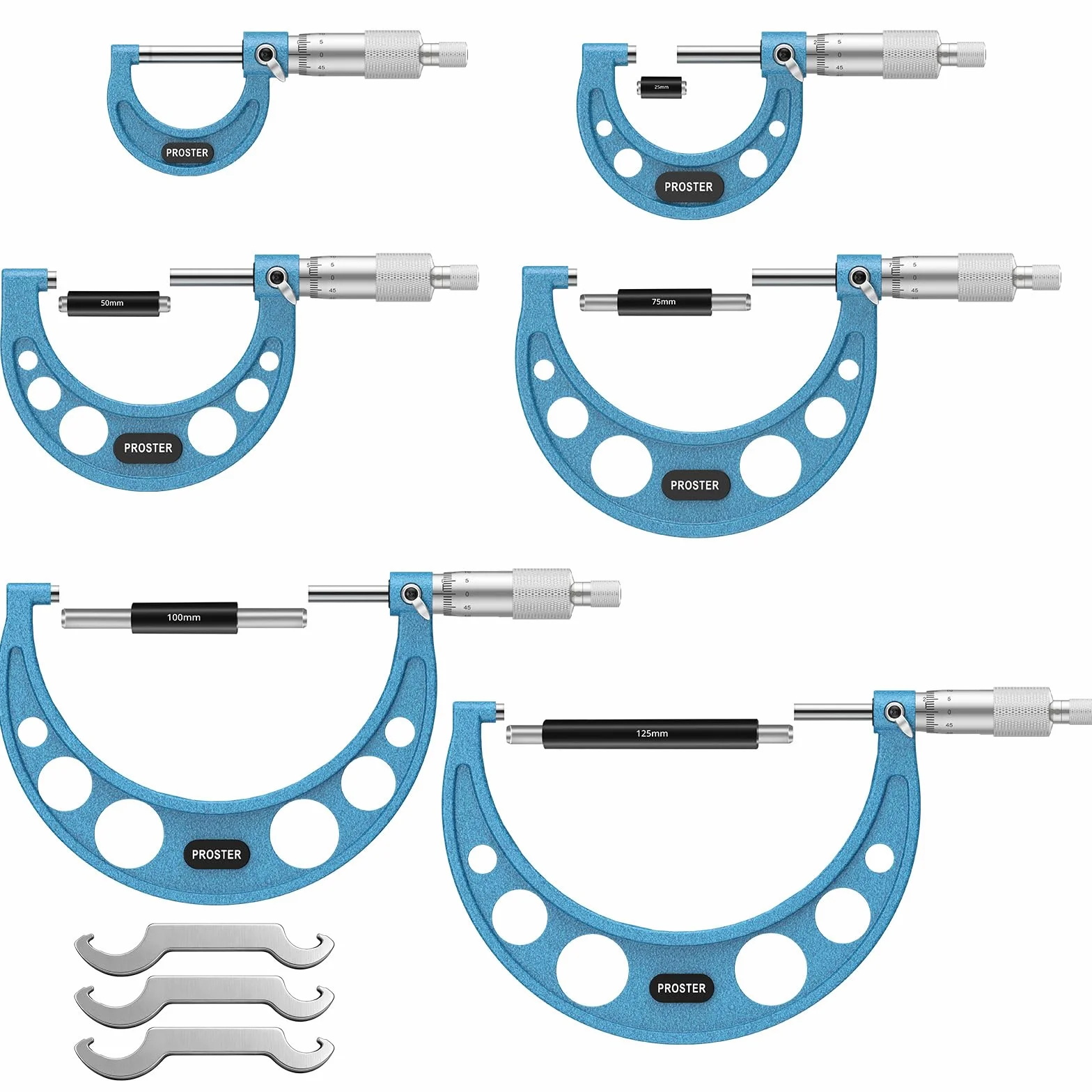 Proster Micrometri Esterni Set 6 Pezzi 0-150mm Ghiera Cricchetto Incudini Carburo