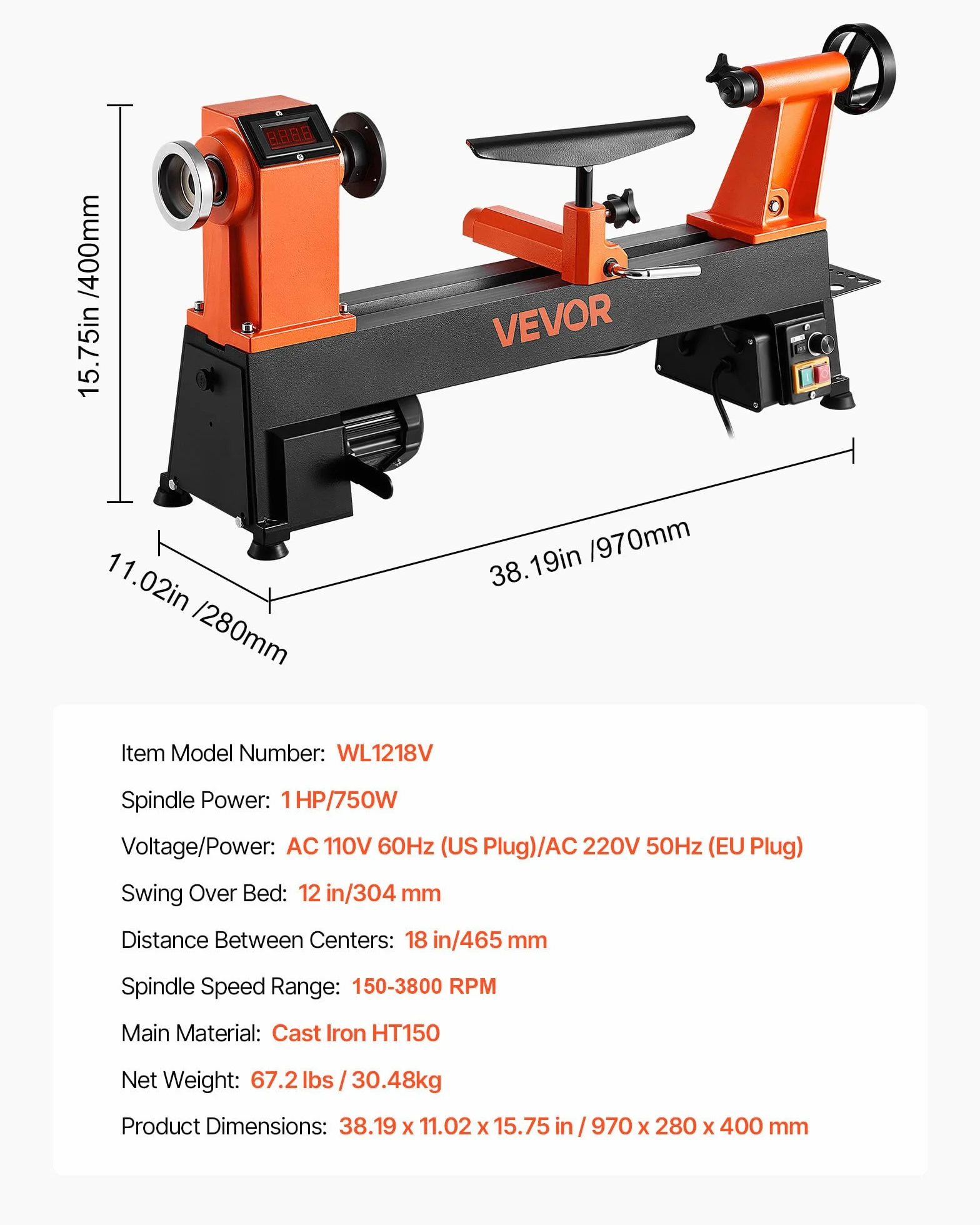 VEVOR Tornio per Legno, 1 CV, Tornio da Banco per Legno con Velocità Variabile da 0 a 3800 giri/min, Banco da Lavoro da 304 x 465 mm, Motore DC Senza Spazzole, Costruzione in Ghisa