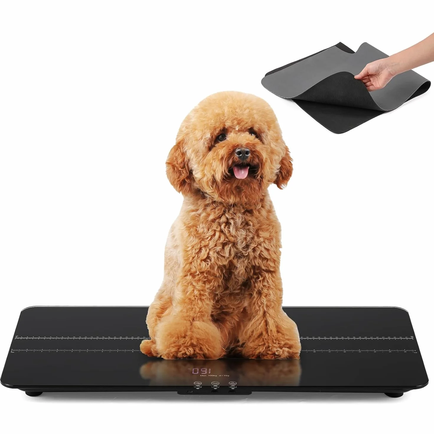 Bonvoisin Bilancia Digitale per Animali Domestici 100kg, Bilanza per Cani e Gatti Precisione 10g, 3 Modalità, Tappetino 68x33 cm, Display LCD, Funzione Hold, Ricarica USB-C