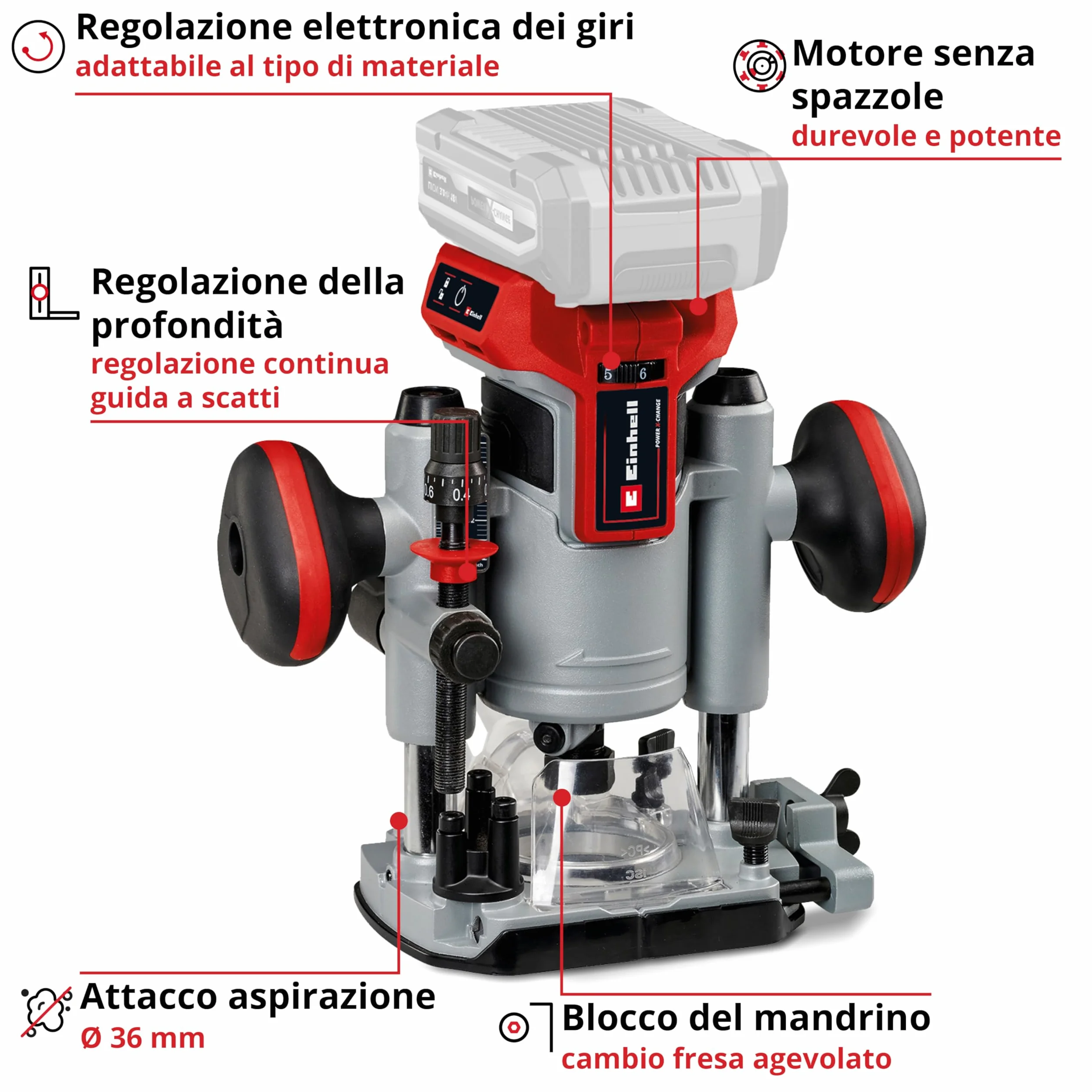 Einhell Professional Fresatrice verticale a batteria TP-RO 18 Li BL-Solo Power X-Change (18 V, alt. di sollev. 35 mm, motore Brushless, incl. guida parallela, senza batteria e caricabatteria)
