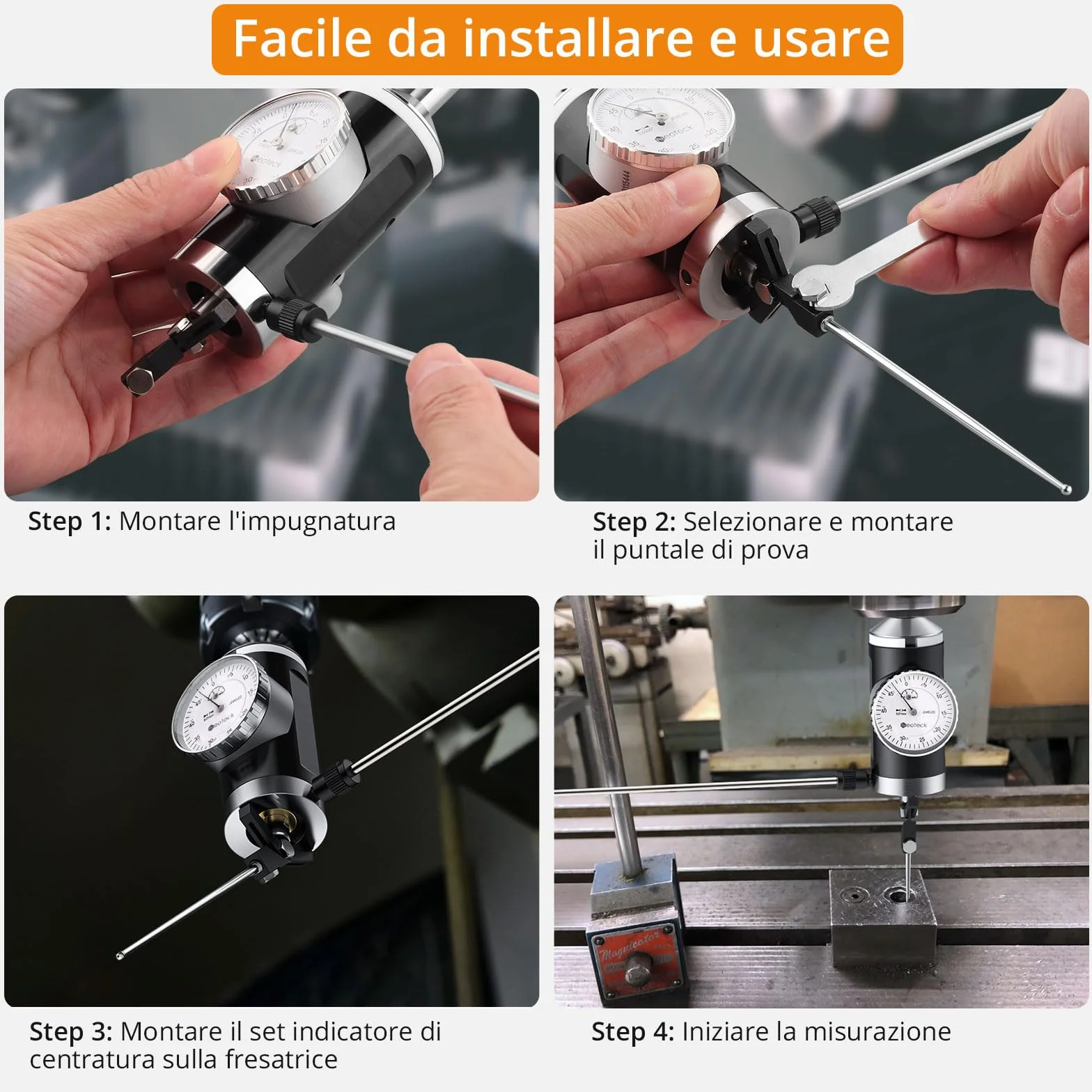Neoteck Indicatore Coassiale di Centraggio 0-3mm, Precisione 0.01mm Prova del Quadrante di Centraggio Battitore di Centro per Fresatrice e Tornio - Set Completo con Aste, Puntali e Custodia Rigida