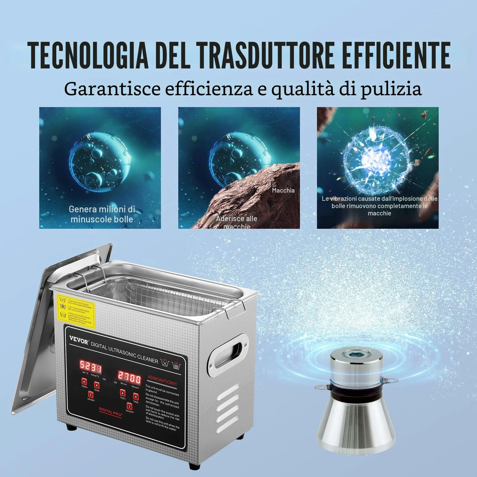 VEVOR Pulitore a Ultrasuoni Digitale in Acciaio Inox Capacità 3 Litri con Riscaldamento Tempo Temperatura Regolabile, Macchina Pulitrice a Ultrasuoni da Gioielli Occhiali Orologi Laboratorio Clinico