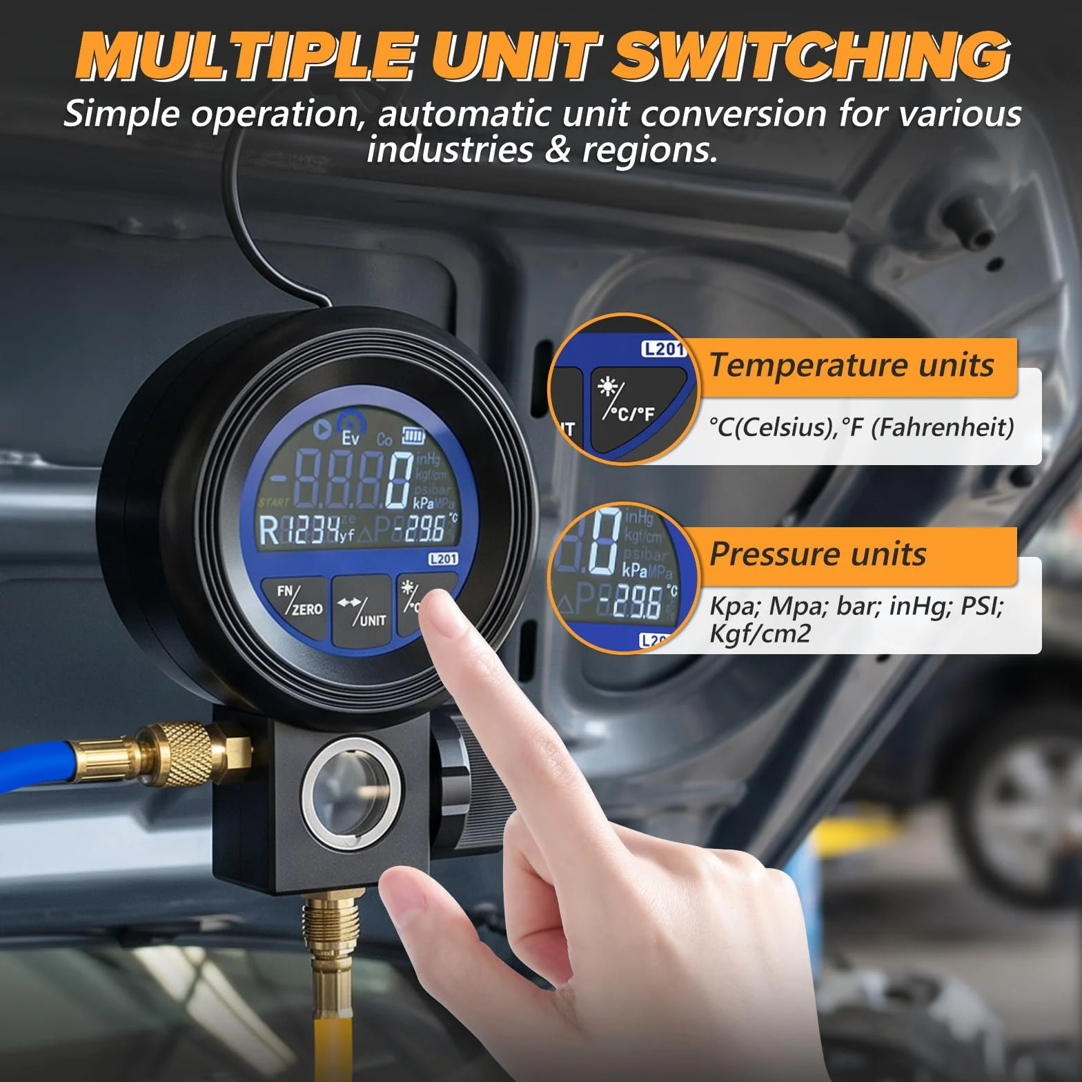 Misuratore digitale refrigerante 3 in 1 test sottovuoto pressione R32 R134A R1234yf manometro precisione ±0,5% FS