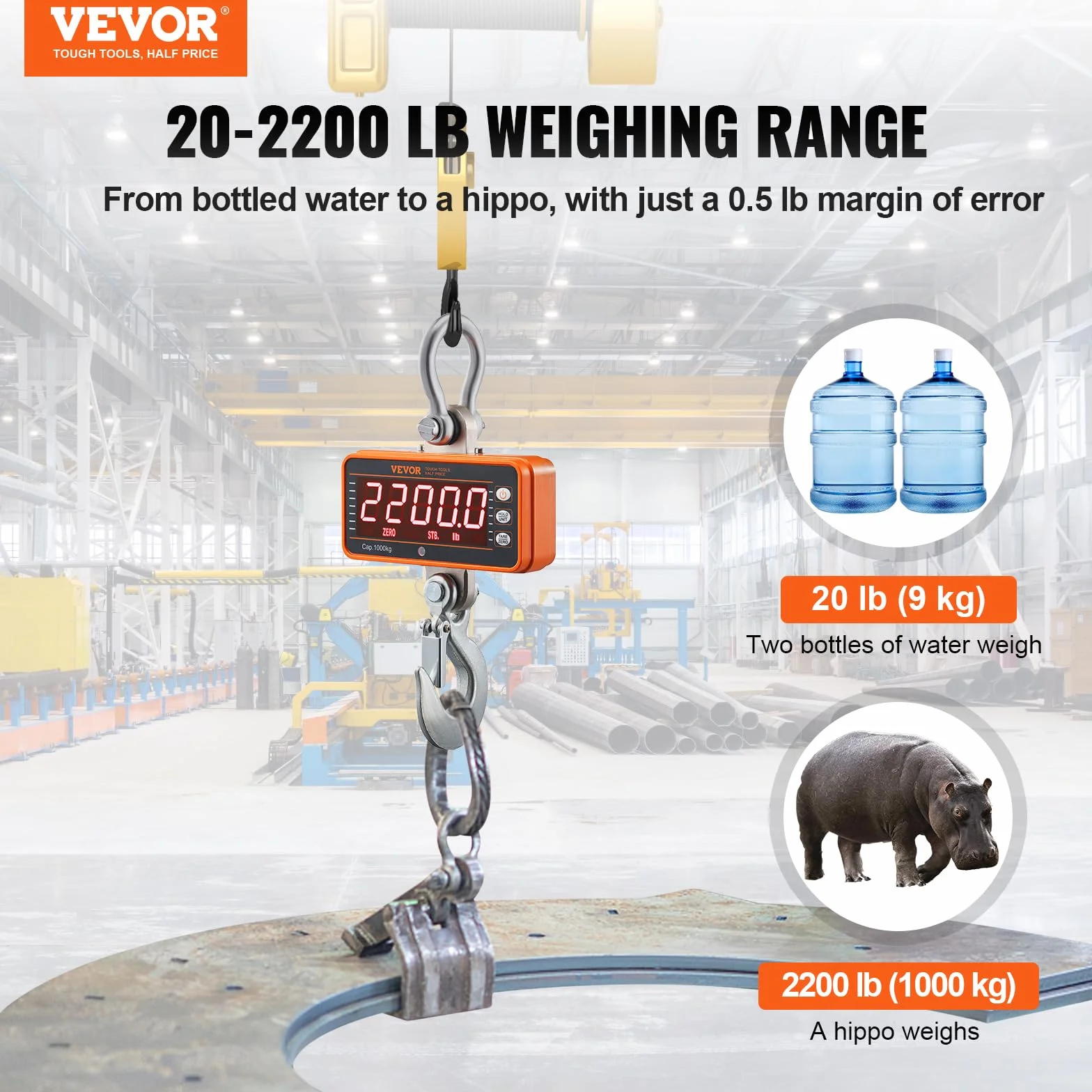 VEVOR Bilancia Industriale da Gru Carico Max. 1000 kg Bilancia Digitale da Gru con Telecomando Alloggiamento in Alluminio Fuso Display a LED ad Alta Precisione, Bilancia Digitale per Carichi Pesanti