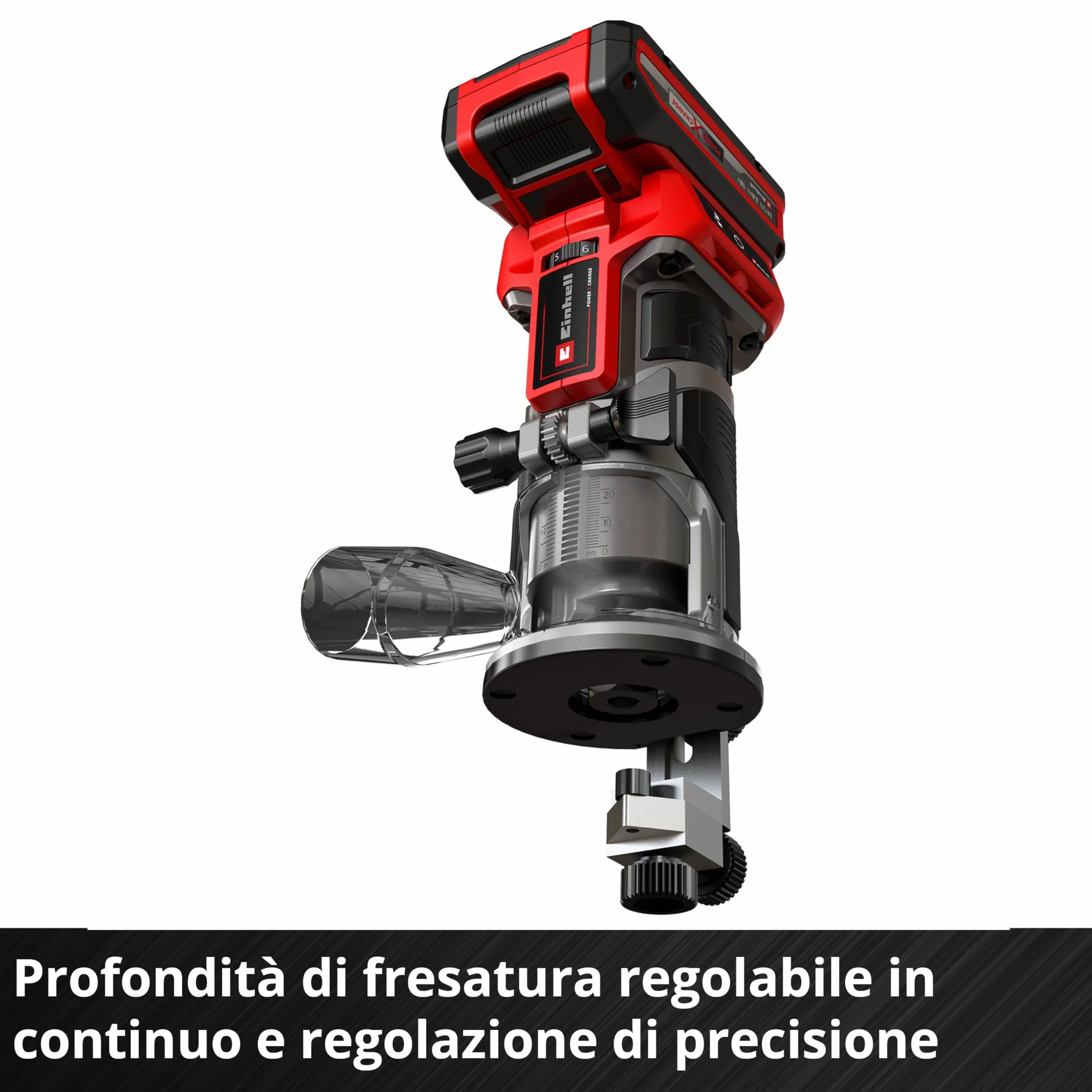 Einhell Power X-Change - Router portatile senza fili, 18 V, motore senza spazzole, altezza corsa 40 mm, regolazione fine della profondità, router manuale TP-ET 18 Li BL lavorazione del legno, batteria