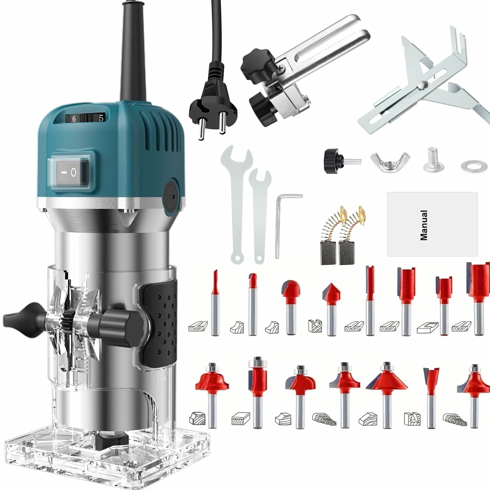 Rifilatore Fresatrice Verticale per legno, 800W 28000RPM Legno Rifilatrice Elettrica, 6.35mm Mandrino 6 Velocità Variabili Elettrica Fresatrice Palmare Con 15 pezzi 1/4" Fresatura Cuter