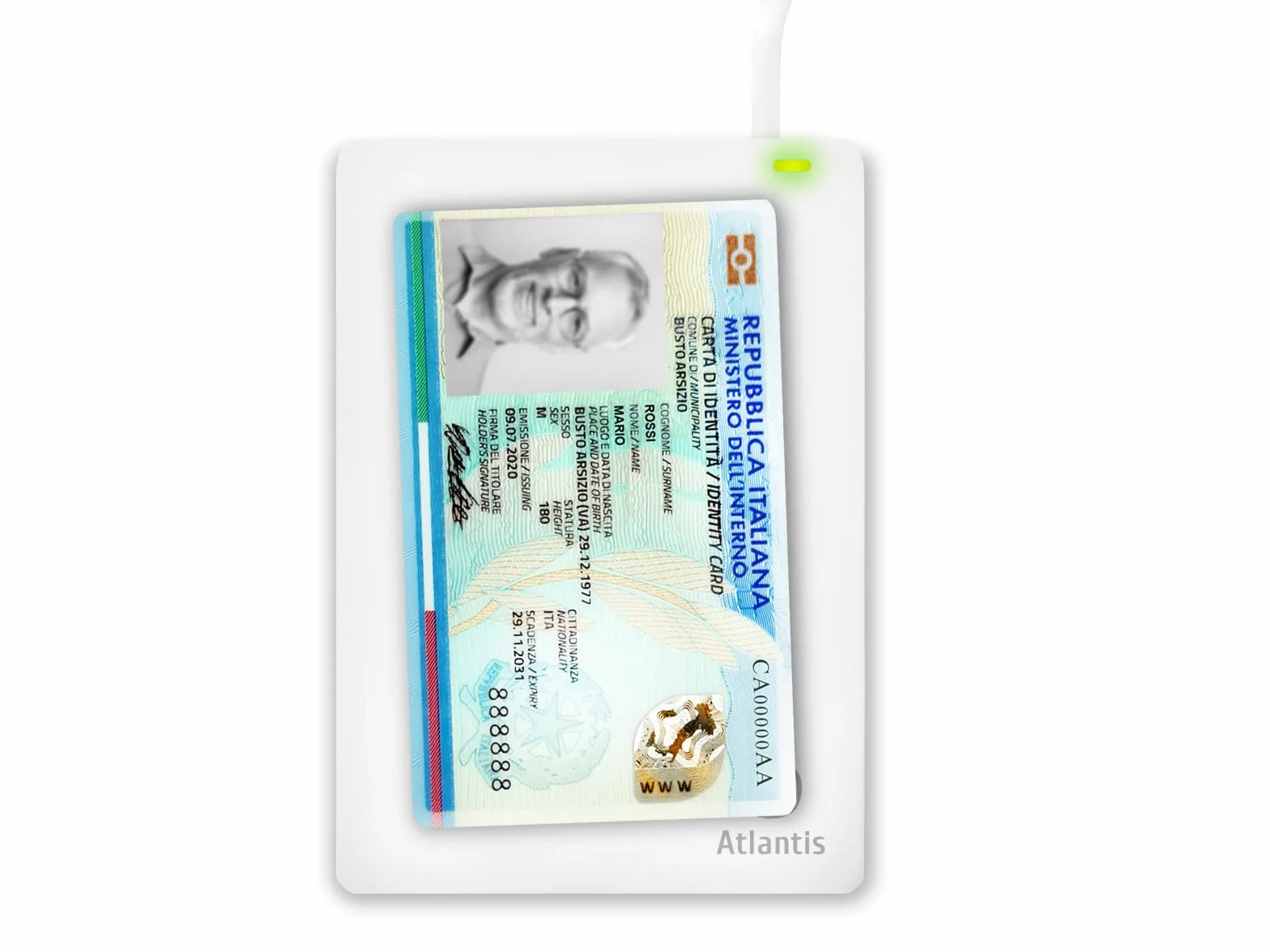 ATLANTIS lettore cie 3.0 carta d'identità elettronica italiana,per INPS,Ag. delle entrate, INAIL,Fascicolo sanitario,ANPR Lettore smartcard contactless nfc per PC, collegamento USB,Bianco,P005-CIED311