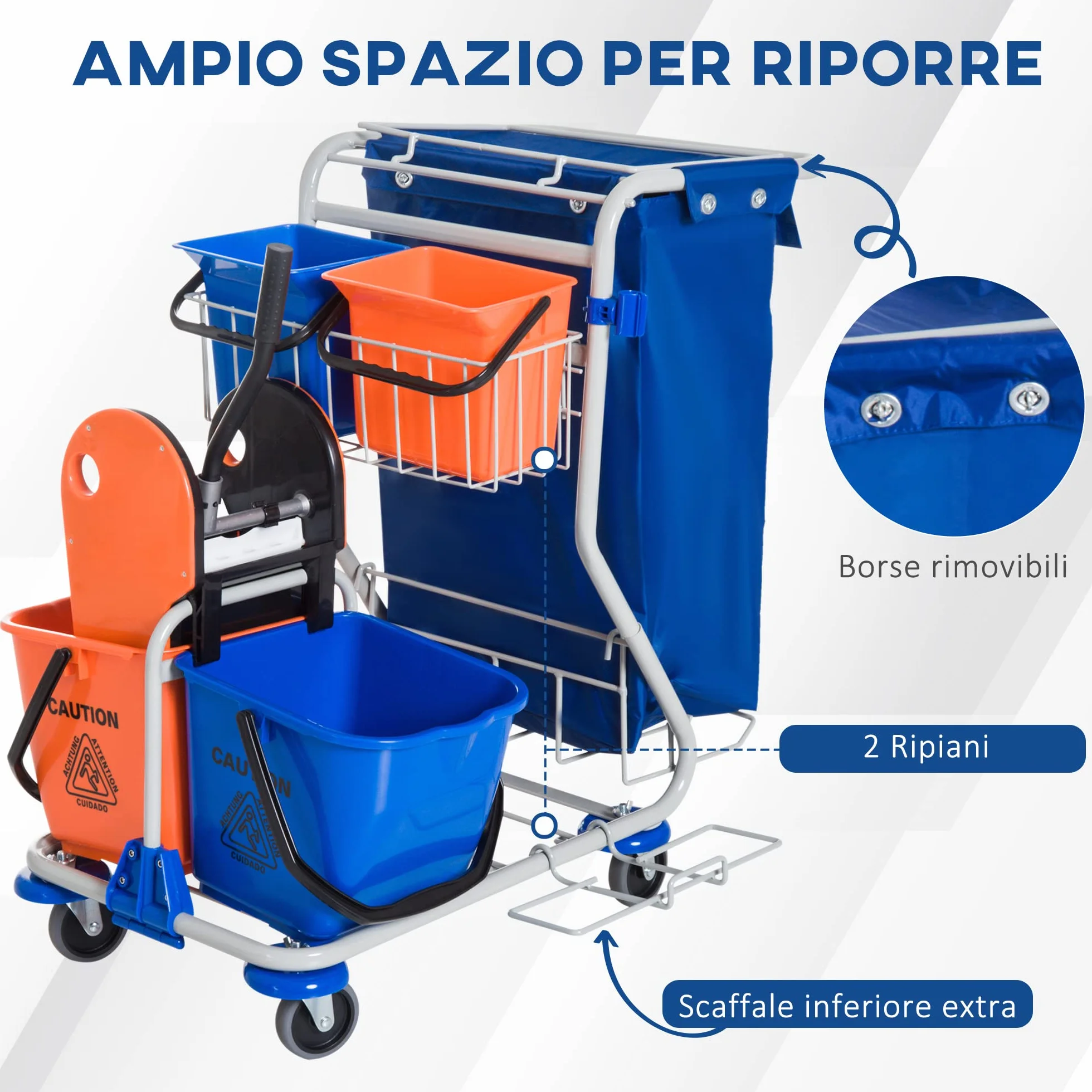 HOMCOM Carrello Pulizie Professionale 2 Secchi 18L 6L Strizzatore Mocio Gancio Ruote 93x80x97 cm Arancione