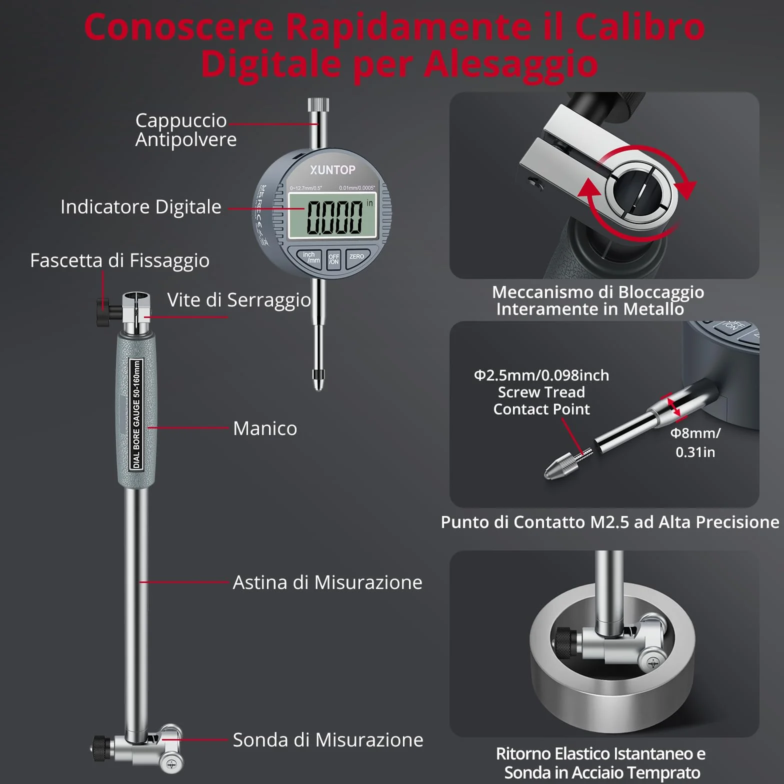 XUNTOP Alesametro con Quadrante 50-160mm/2-6" con Set 12 Testine Auto Alesametro con Comparatore Centesimale 0.01mm Precisione Indicatore Diametro Interno con Custodia ABS per Motori Cilindri CNC