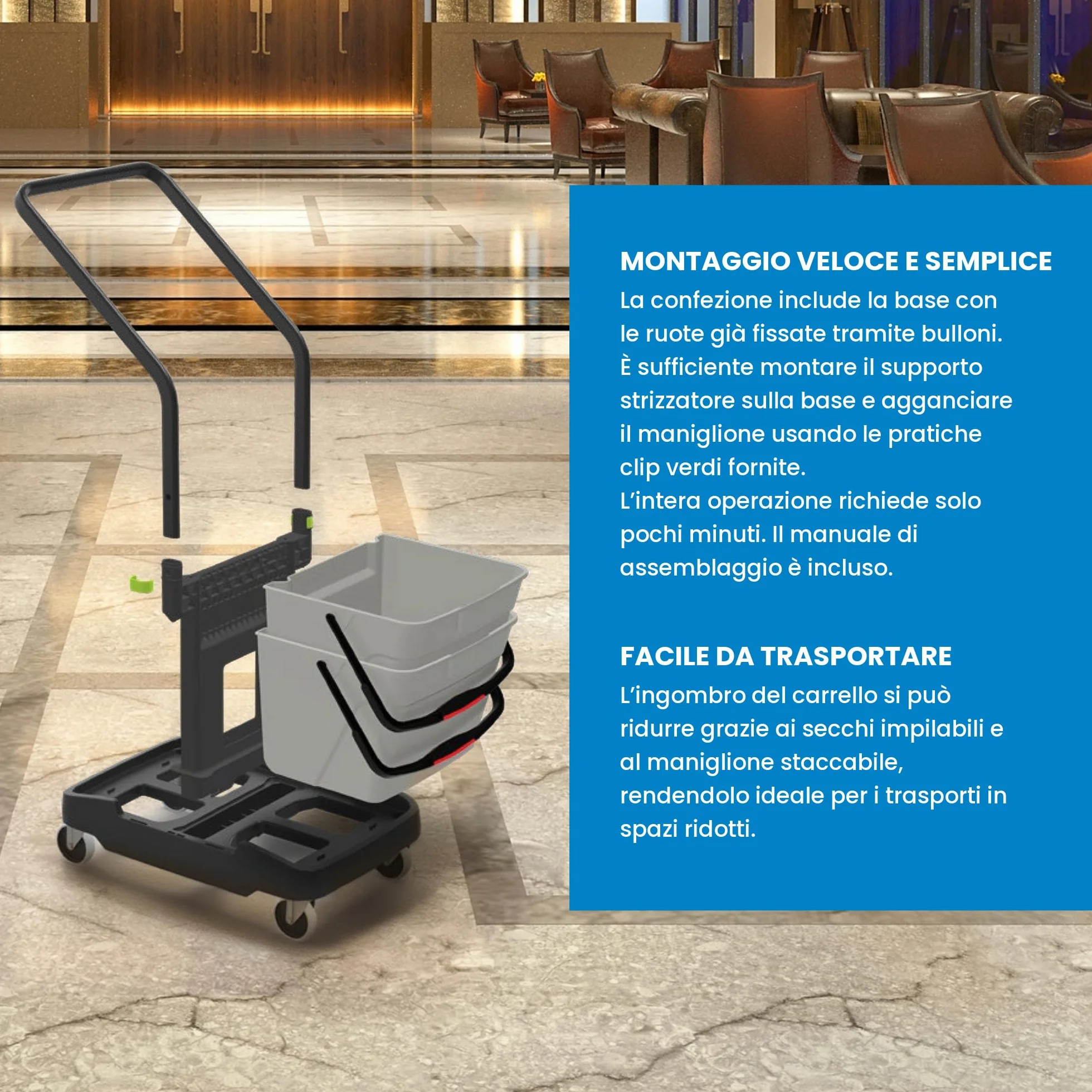 Cubex Professional Carrello Pulizie 2 Secchi 25L Grigio Seta Strizzatore New Line Ganasce Ruote Metallo
