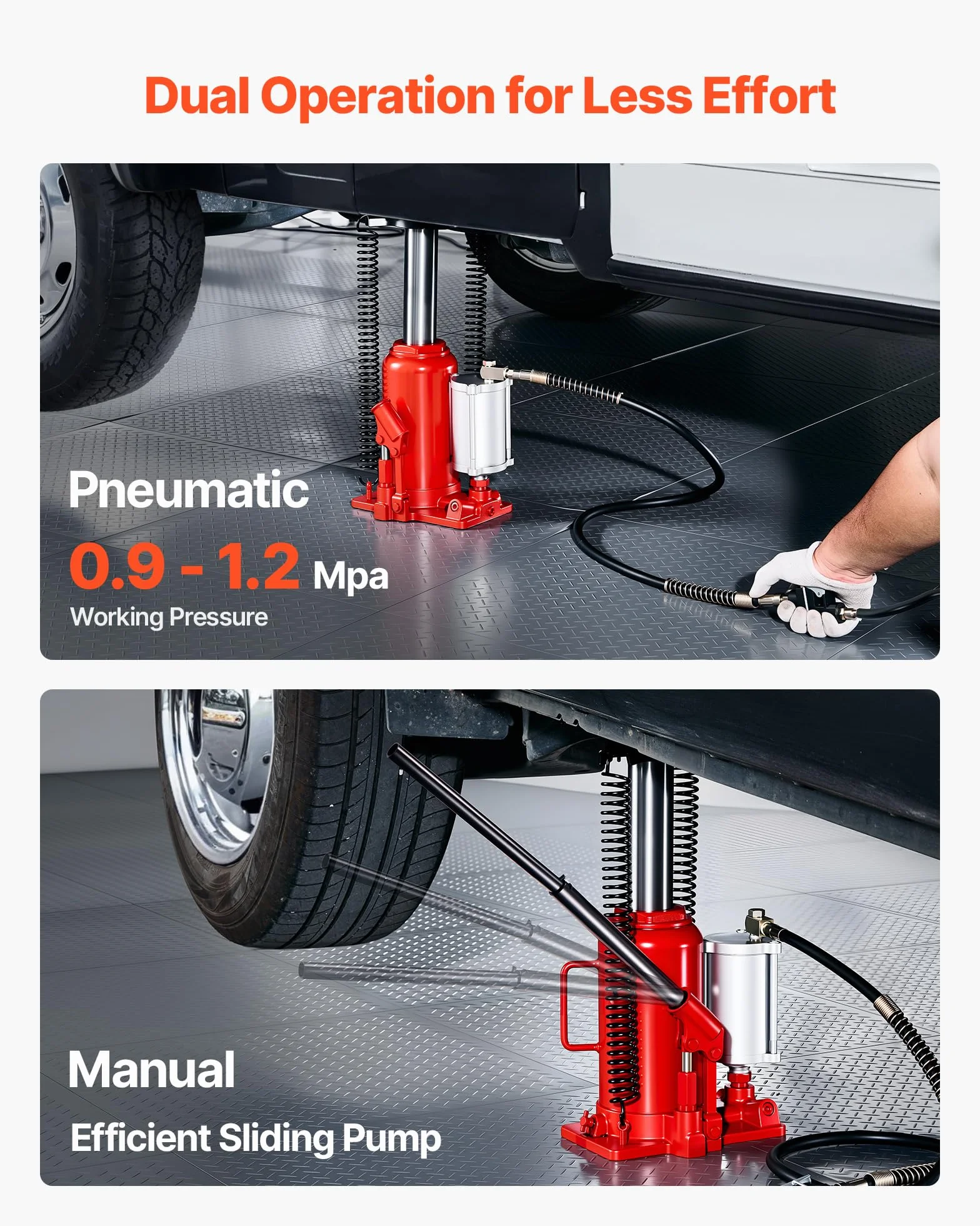 VEVOR Cric a Bottiglia Pneumatico Idraulico da 20 Tonnellate Intervallo di Sollevamento da 260 a 495 mm, Martinetto a Bottiglia Pneumatico Manuale con Pompa per Auto, Camion, SUV