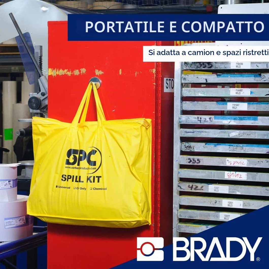 SPC® by Brady Kit Anti-Inquinamento Universale – Kit Antisversamento per Piccole Fuoriuscite, Assorbe Oli, Acqua, Solventi e Refrigeranti, Include 10 Panni Assorbenti, 2 Calze, Guanti e Sacco
