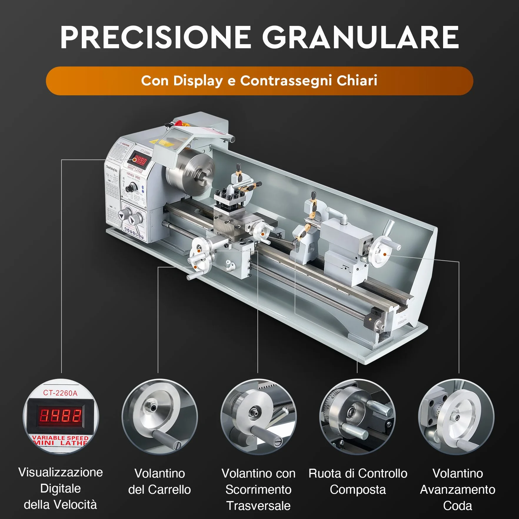 CREWORKS 1100W Tornio per Metallo 220 x 600 MM a Velocità Variabile 0-3000rpm con Mandrino a 3 Griffe e Display LCD per Filettatura, Tornitura, Foratura, Lucidatura