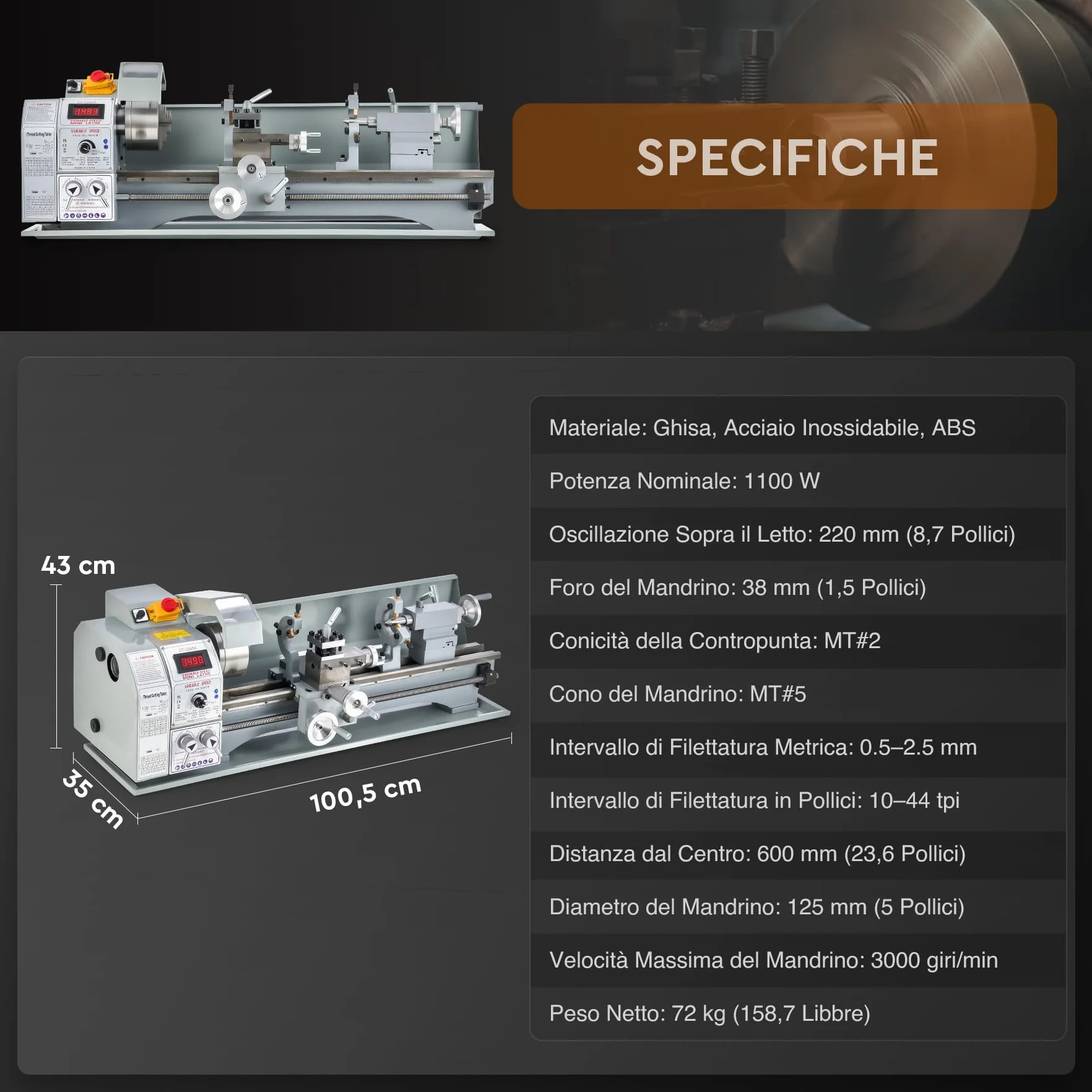 CREWORKS 1100W Tornio per Metallo 220 x 600 MM a Velocità Variabile 0-3000rpm con Mandrino a 3 Griffe e Display LCD per Filettatura, Tornitura, Foratura, Lucidatura