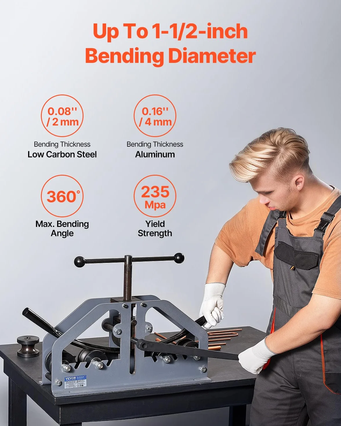 VEVOR Piegatubi a Rulli per Tubi 38,1 mm Manuale con 6 Matrici, Utensile per Piegare Tubi in Rame e Alluminio 360°