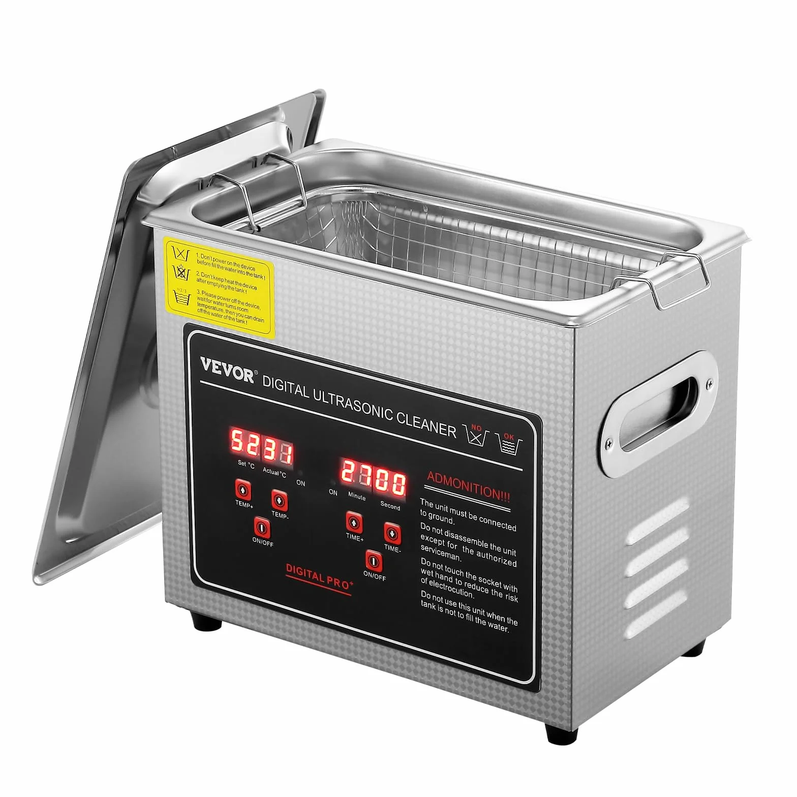 VEVOR Pulitore a Ultrasuoni Digitale in Acciaio Inox Capacità 3 Litri con Riscaldamento Tempo Temperatura Regolabile, Macchina Pulitrice a Ultrasuoni da Gioielli Occhiali Orologi Laboratorio Clinico