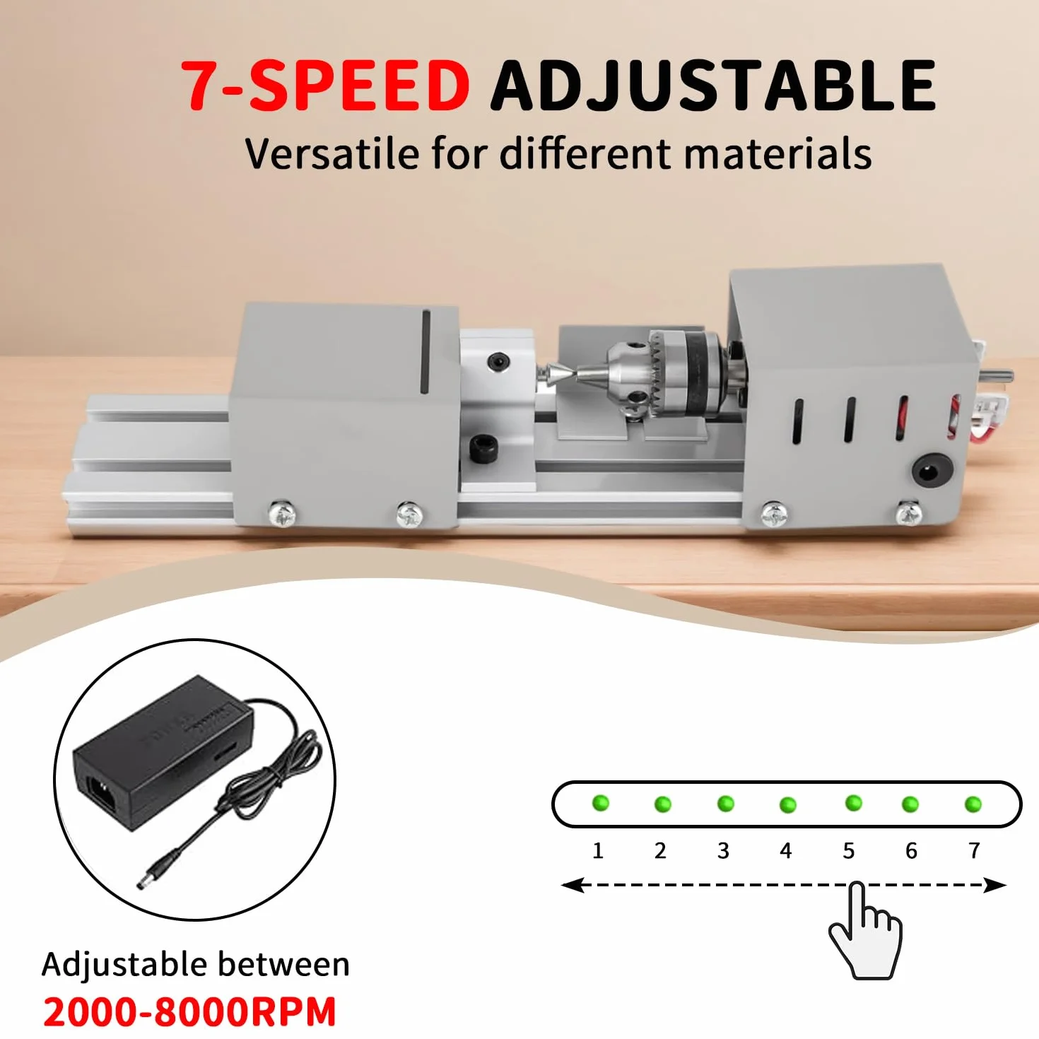 Mini Tornio da 125 W, 2000 – 8000 giri/min, Metallo Piccolo Tornio con Regolazione a 7 Marce, Campo di serraggio da 0.02 – 0.24 Pollici, Mini Tornio in Metallo per Tornitura, Scanalatura e Rettifica