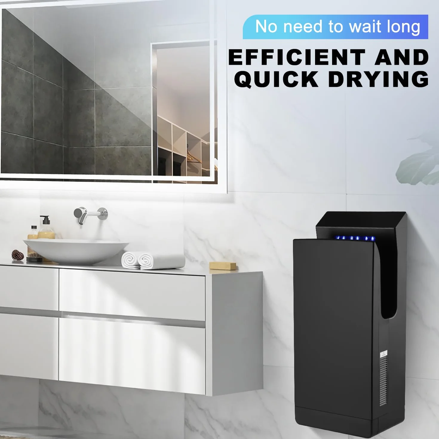 Asciugamani Elettrico Bagno Commerciale 1350W, Asciugatore Mani Automatico con HEPA UV-C, Asciugatura Rapida 7s, Nero