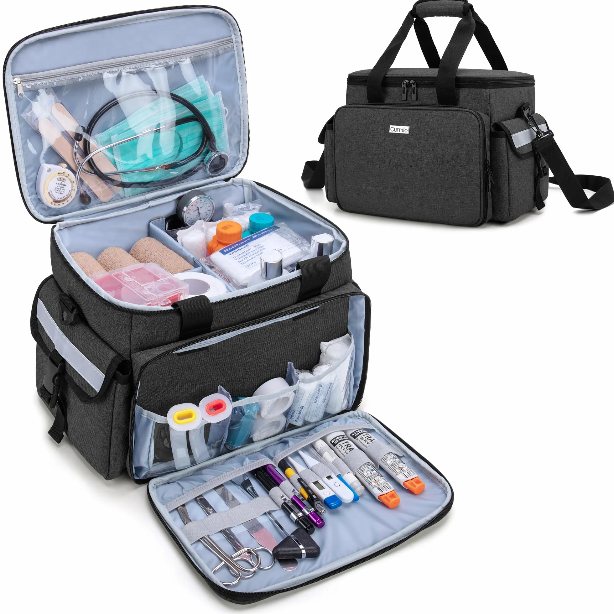 CURMIO Borsa per Infermiere Domiciliare, Organizer Forniture Mediche Con Tracolla e Divisori Rimovibili per Fisioterapisti, Medici, Personale Sanitario, Solo Borsa Medica, Nero